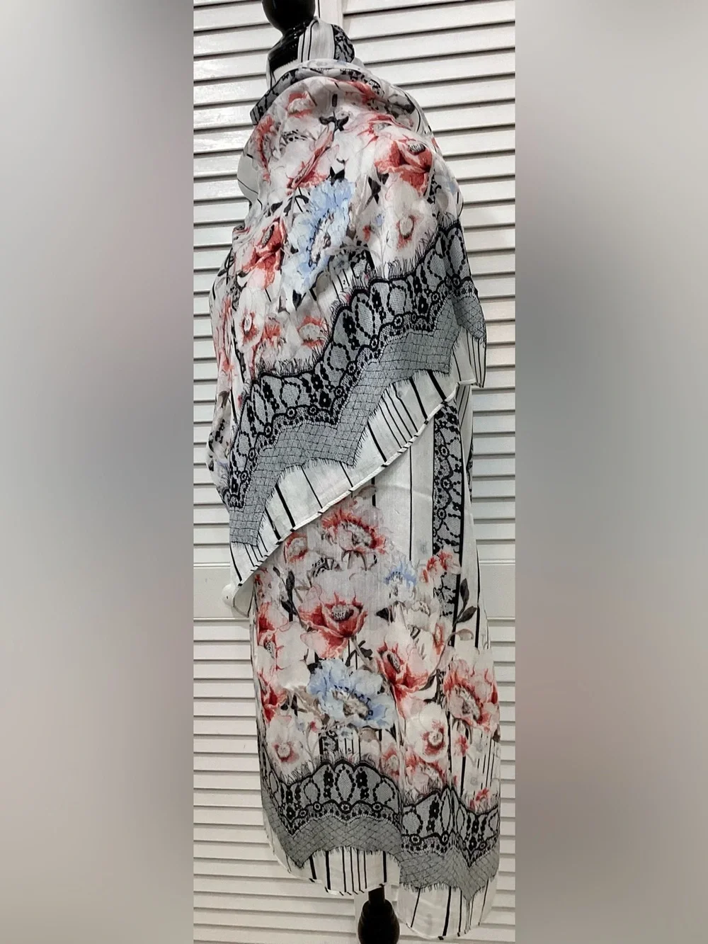 Vintage Boho Floral Faux Lace Print Scarf Wrap 68” x 20” Shabby Chic Cottagecore